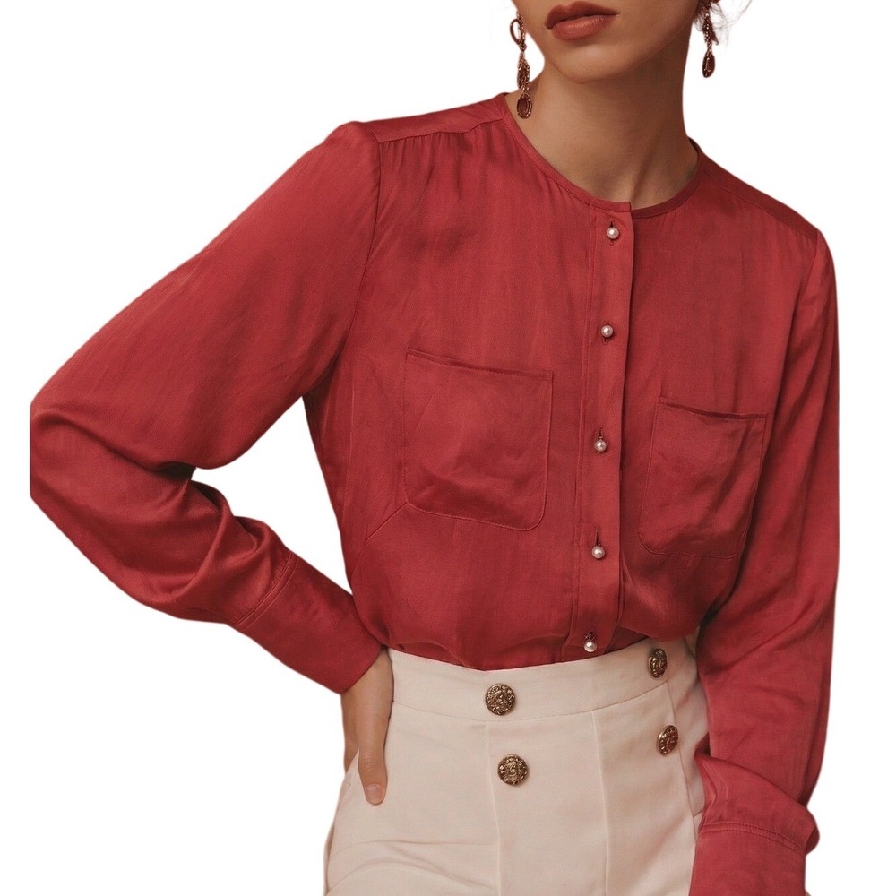 Talbots Silk Blouse Womens 6P Red Excellent Button Front Long Sleeve Pocket Top
